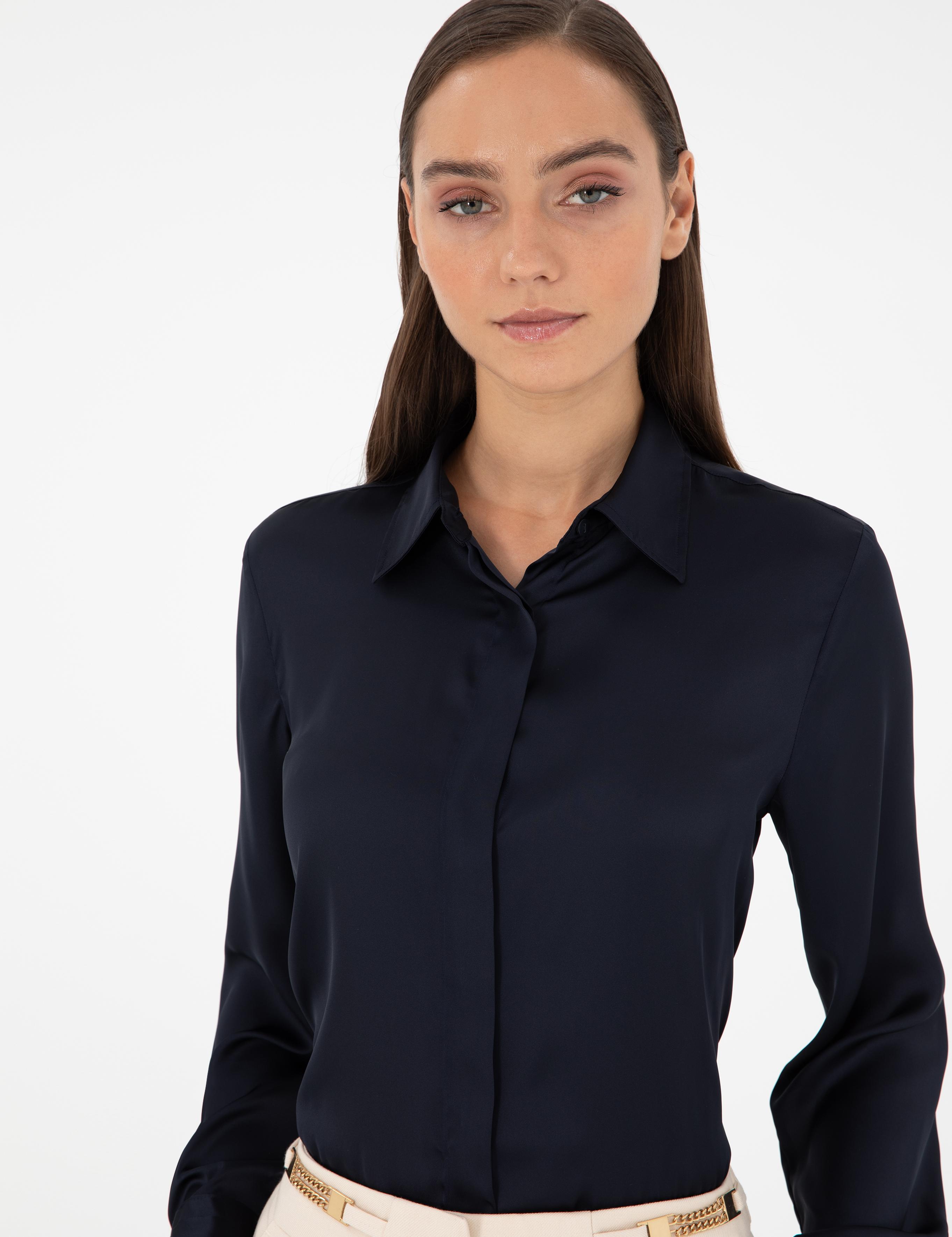 Lacivert Comfort Fit Saten Gömlek