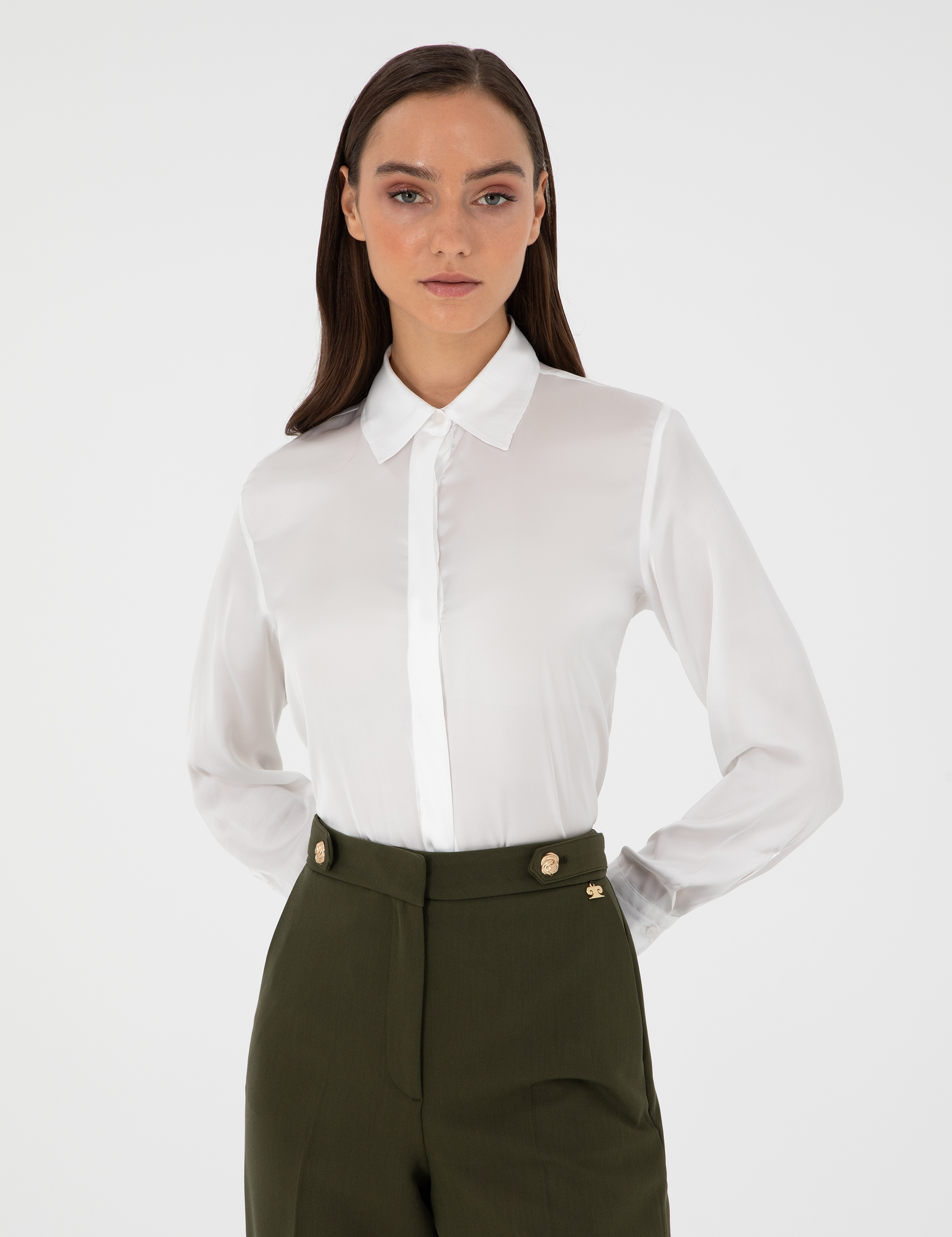 Ekru Comfort Fit Saten Gömlek - Image 3