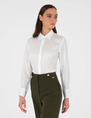 Ekru Comfort Fit Saten Gömlek