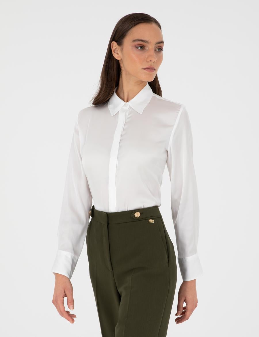 Ekru Comfort Fit Saten Gömlek