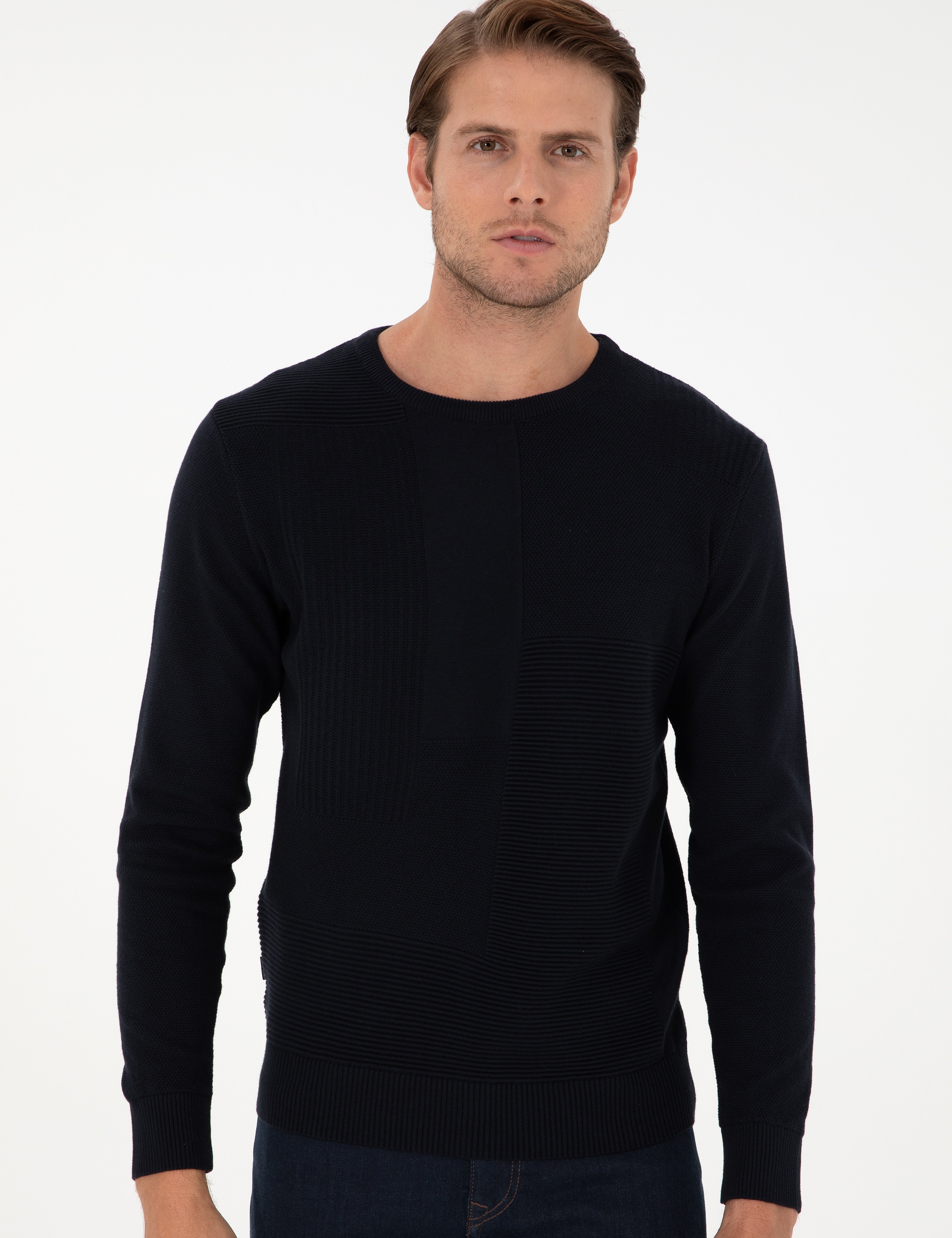 Lacivert Slim Fit Bisiklet Yaka Yün Karışımlı Triko Kazak