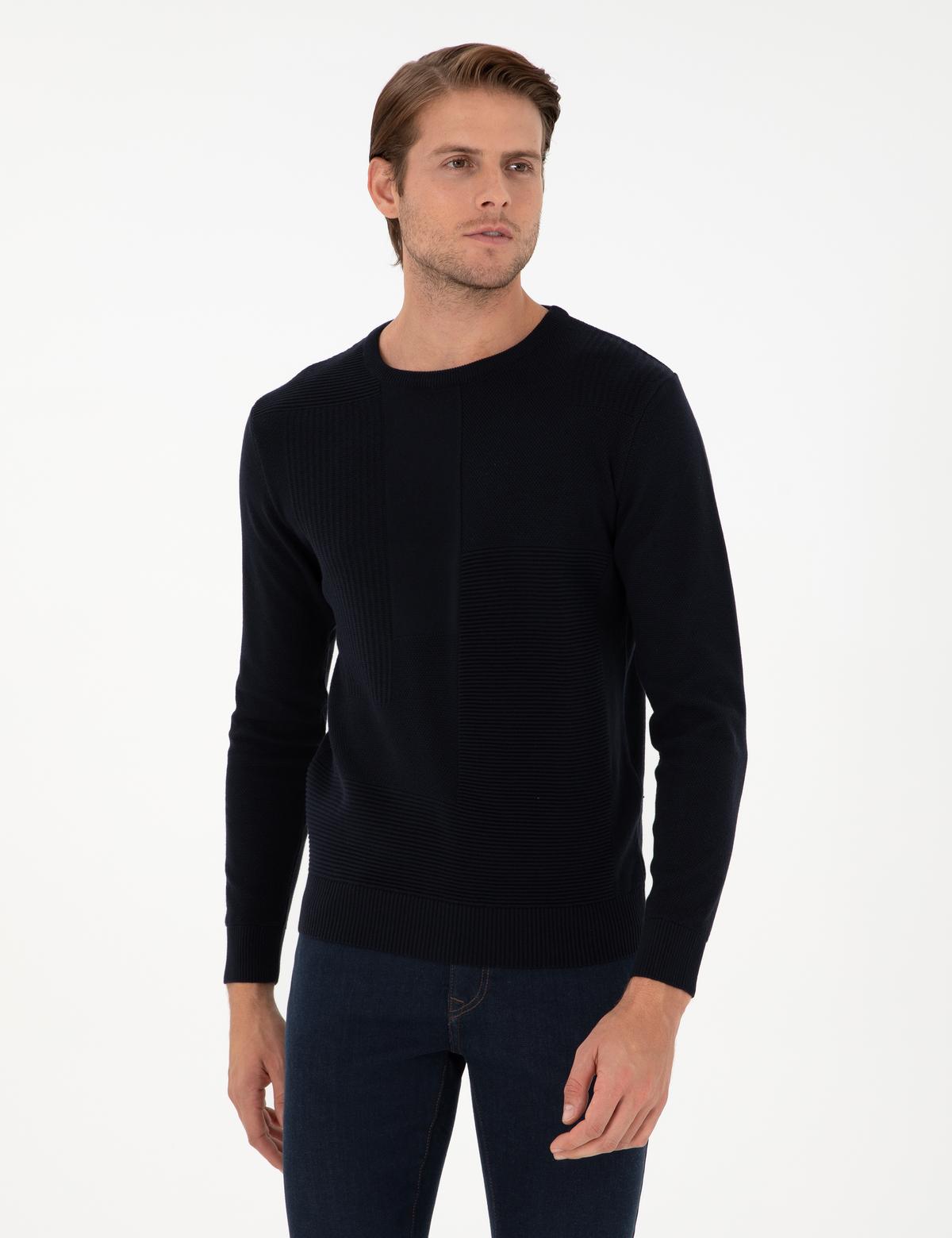 Lacivert Slim Fit Bisiklet Yaka Yün Karışımlı Triko Kazak