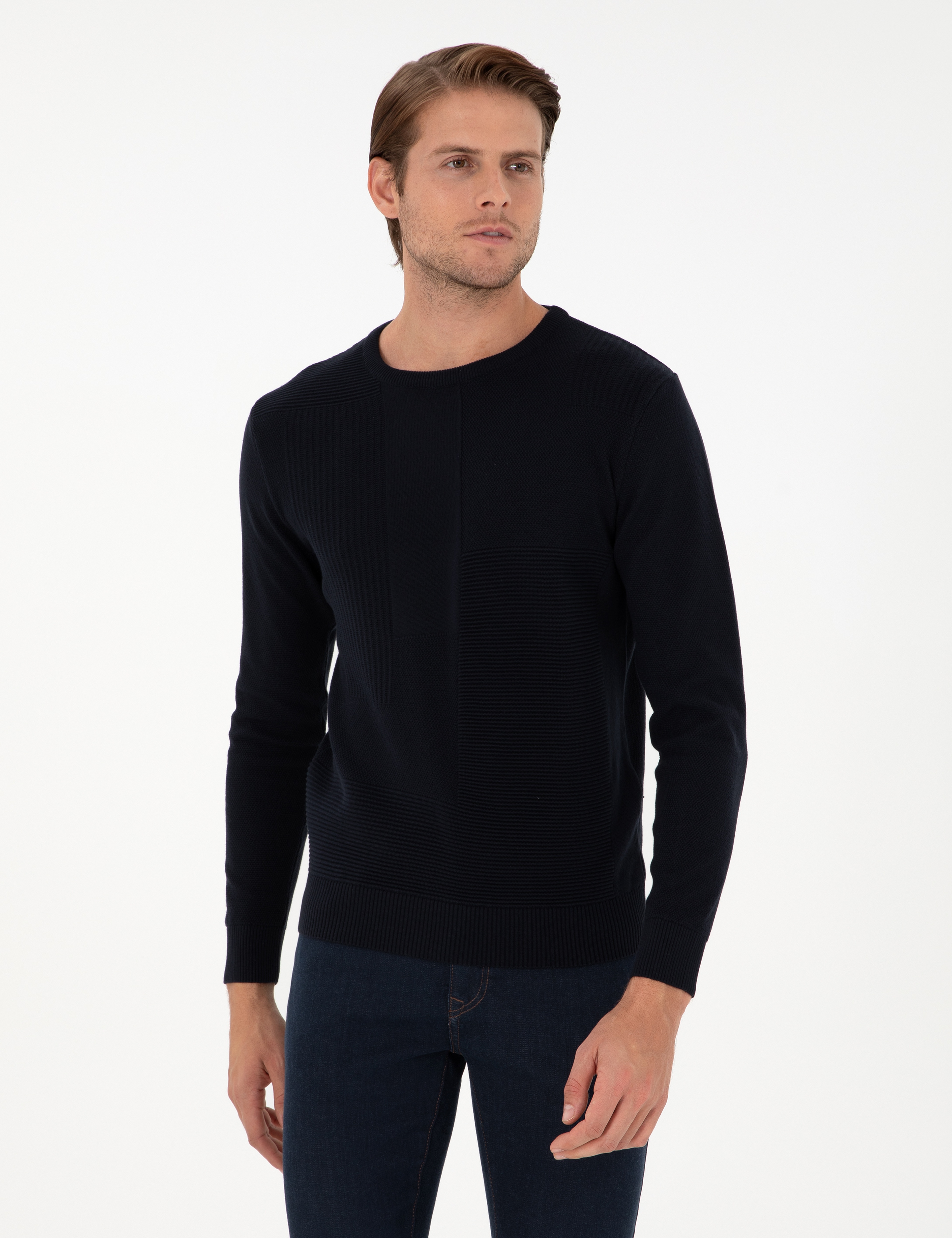 Lacivert Slim Fit Bisiklet Yaka Yün Karışımlı Triko Kazak - Image 1