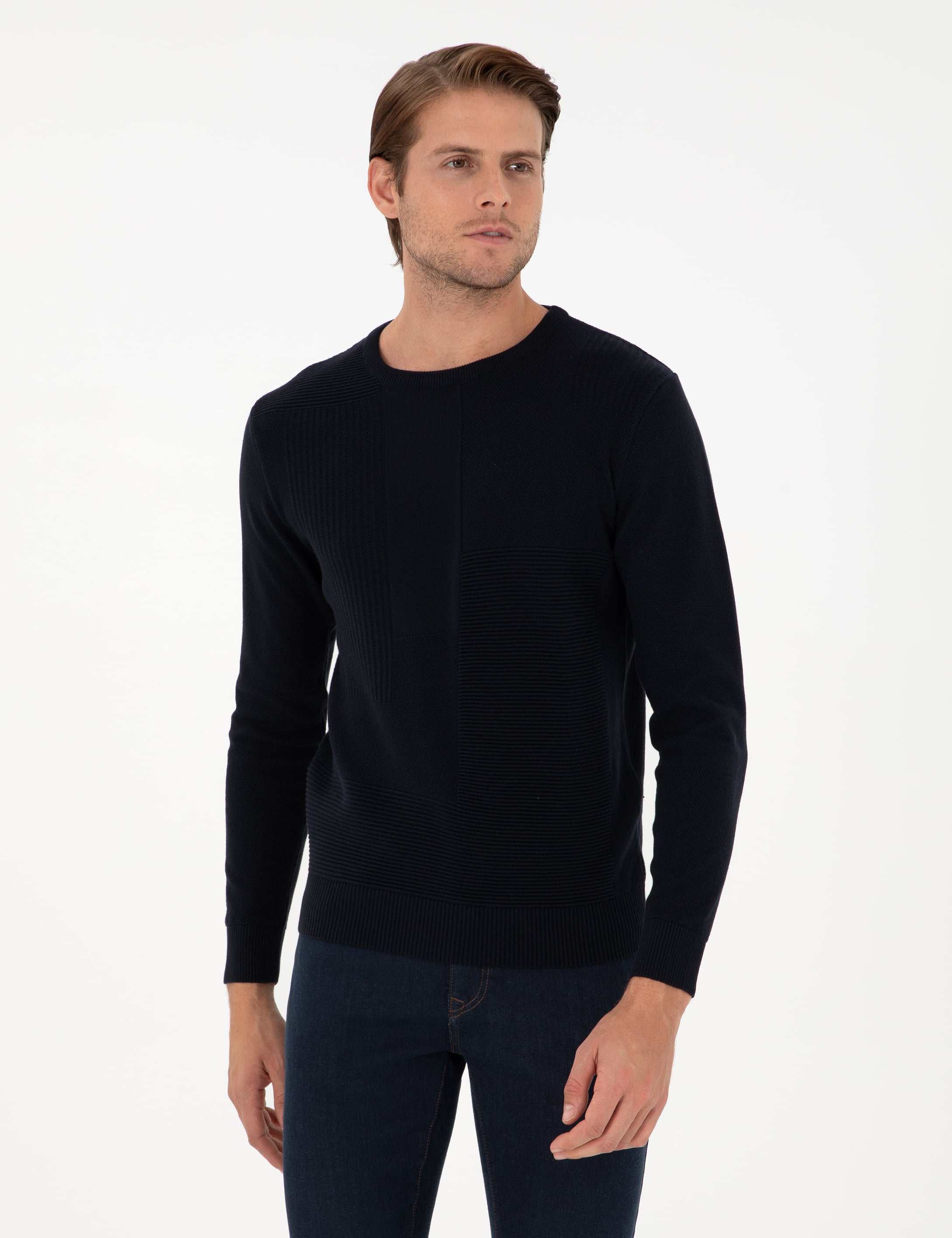Lacivert Slim Fit Bisiklet Yaka Yün Karışımlı Triko Kazak