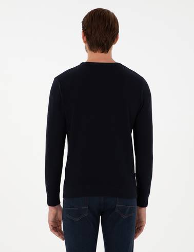 Lacivert Slim Fit Bisiklet Yaka Yün Karışımlı Triko Kazak