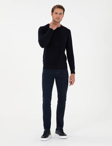 Lacivert Slim Fit Bisiklet Yaka Yün Karışımlı Triko Kazak