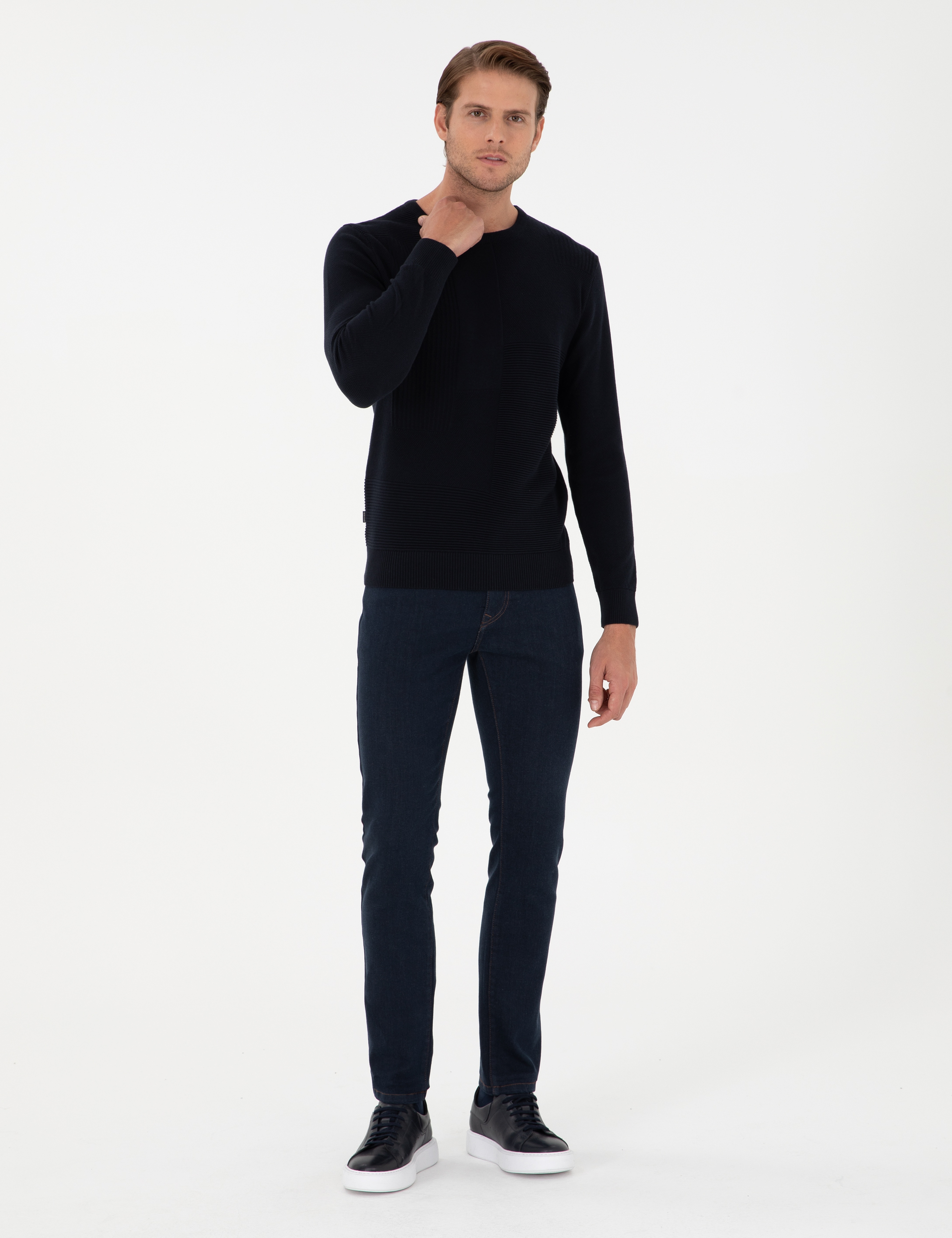 Lacivert Slim Fit Bisiklet Yaka Yün Karışımlı Triko Kazak - Image 4