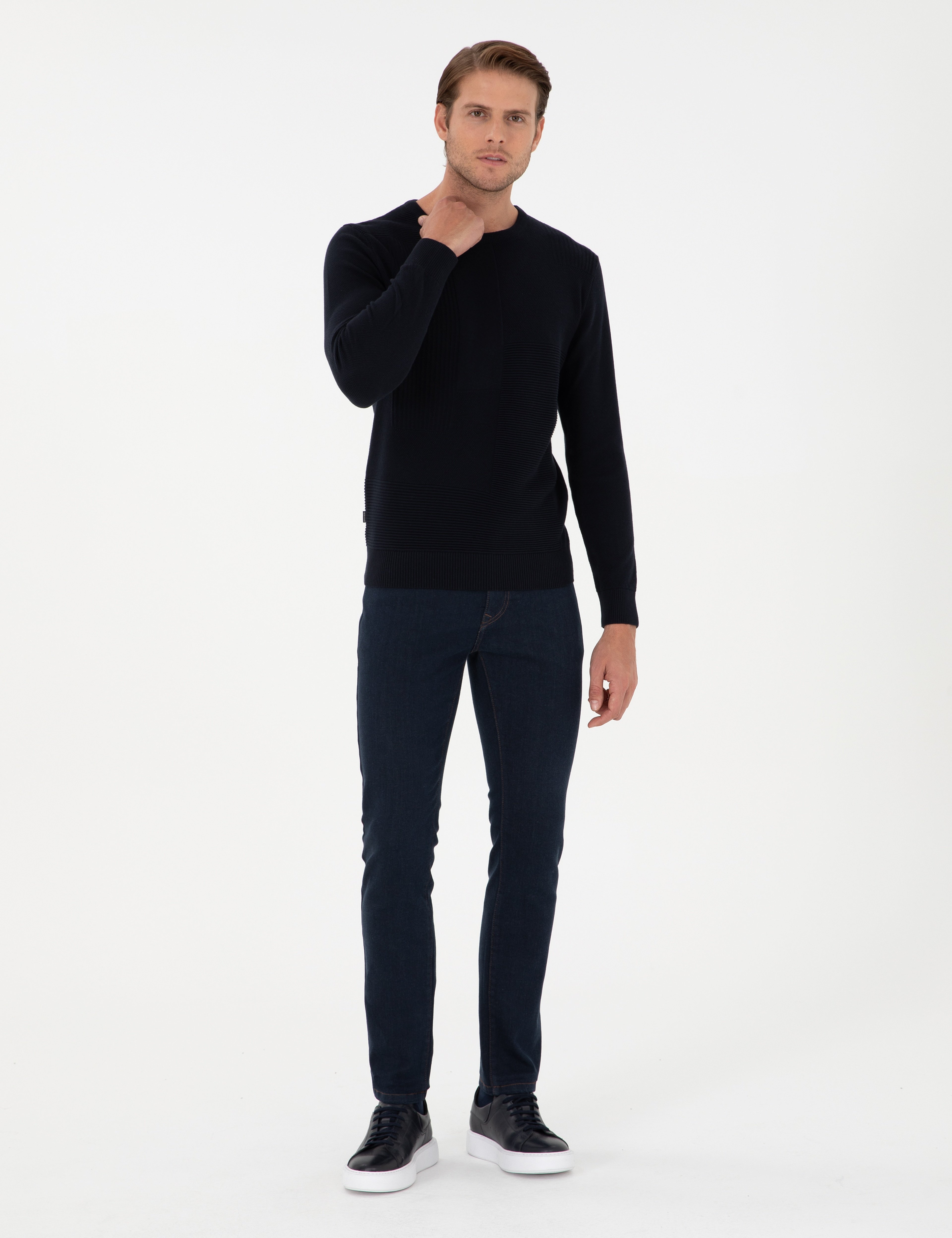 Lacivert Slim Fit Bisiklet Yaka Yün Karışımlı Triko Kazak