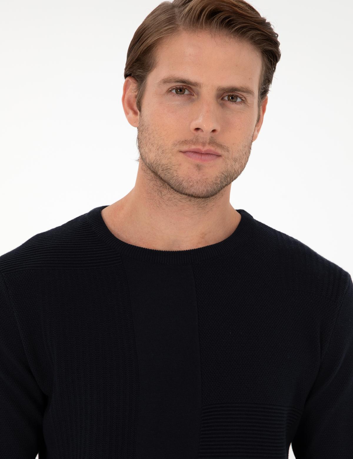 Lacivert Slim Fit Bisiklet Yaka Yün Karışımlı Triko Kazak - 50296457007