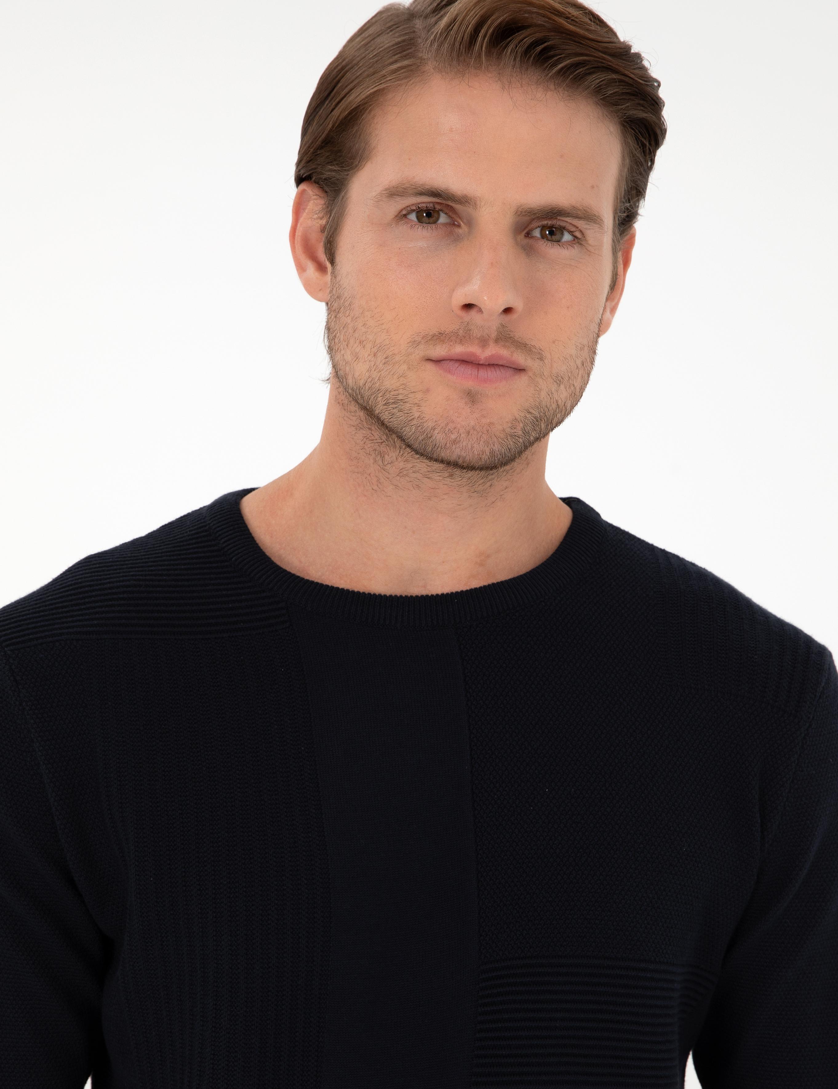 Lacivert Slim Fit Bisiklet Yaka Yün Karışımlı Triko Kazak