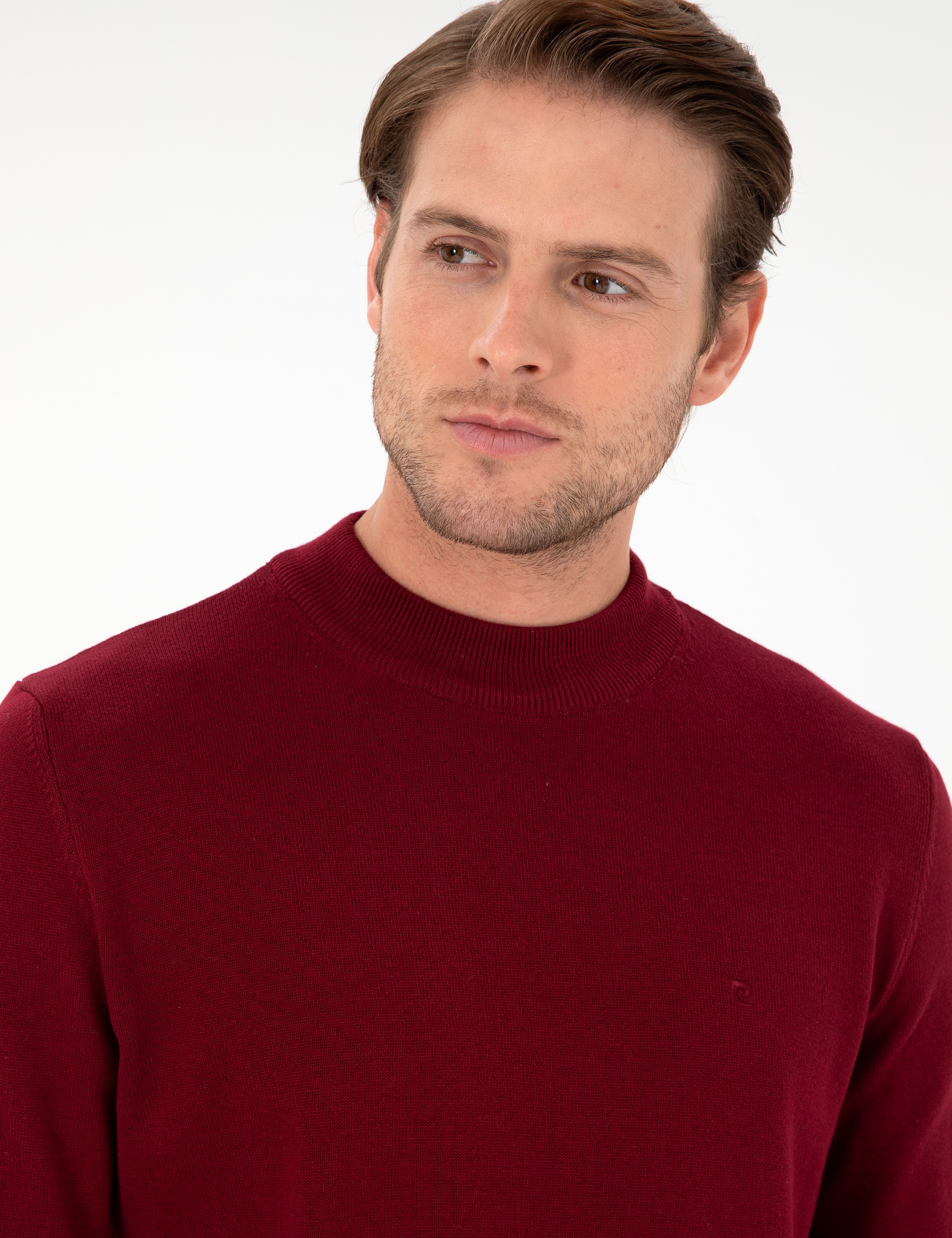 Vişne Slim Fit Çeyrek Yaka Basic Triko Kazak - Image 2