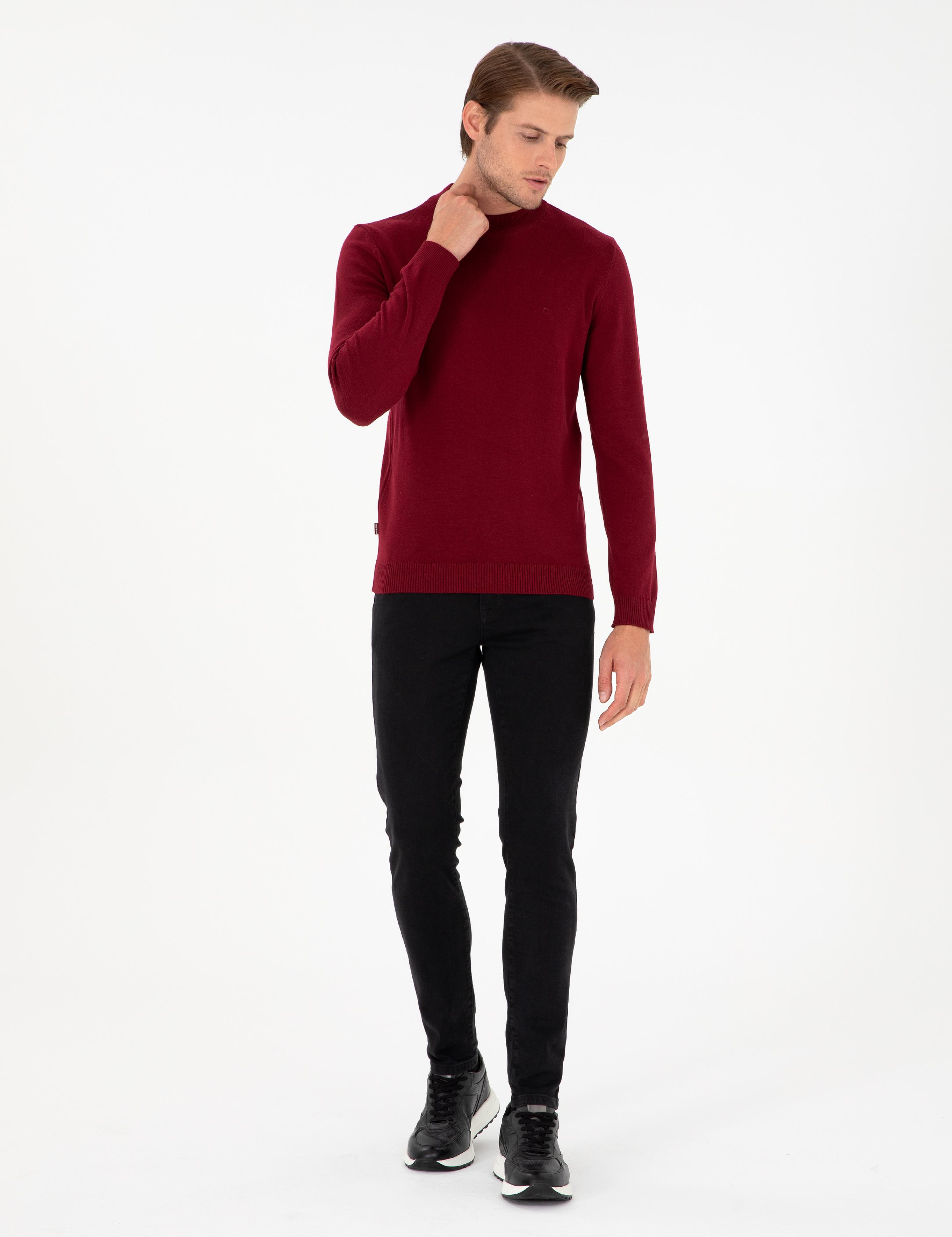 Vişne Slim Fit Çeyrek Yaka Basic Triko Kazak