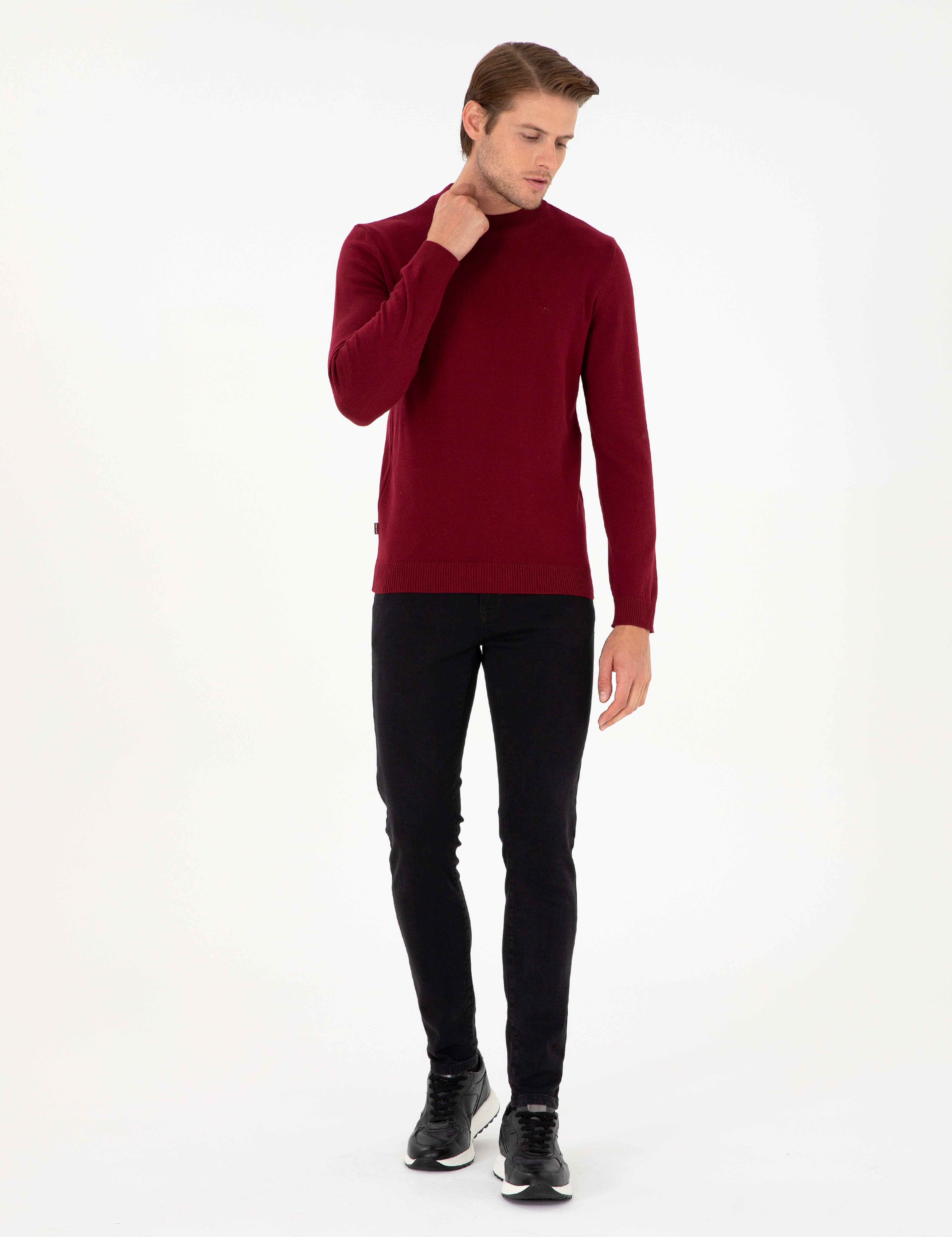 Vişne Slim Fit Çeyrek Yaka Basic Triko Kazak - Image 4