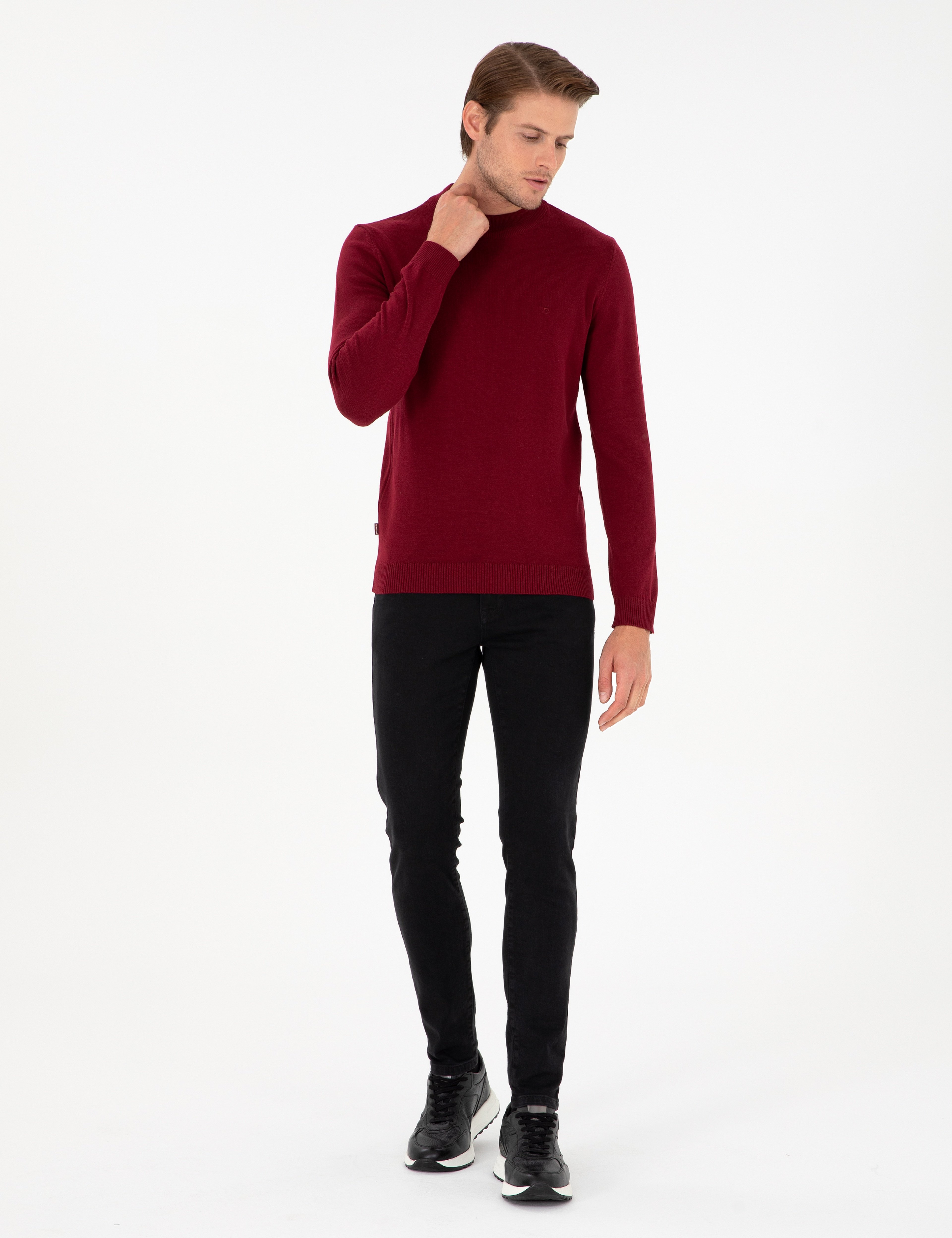 Vişne Slim Fit Çeyrek Yaka Basic Triko Kazak