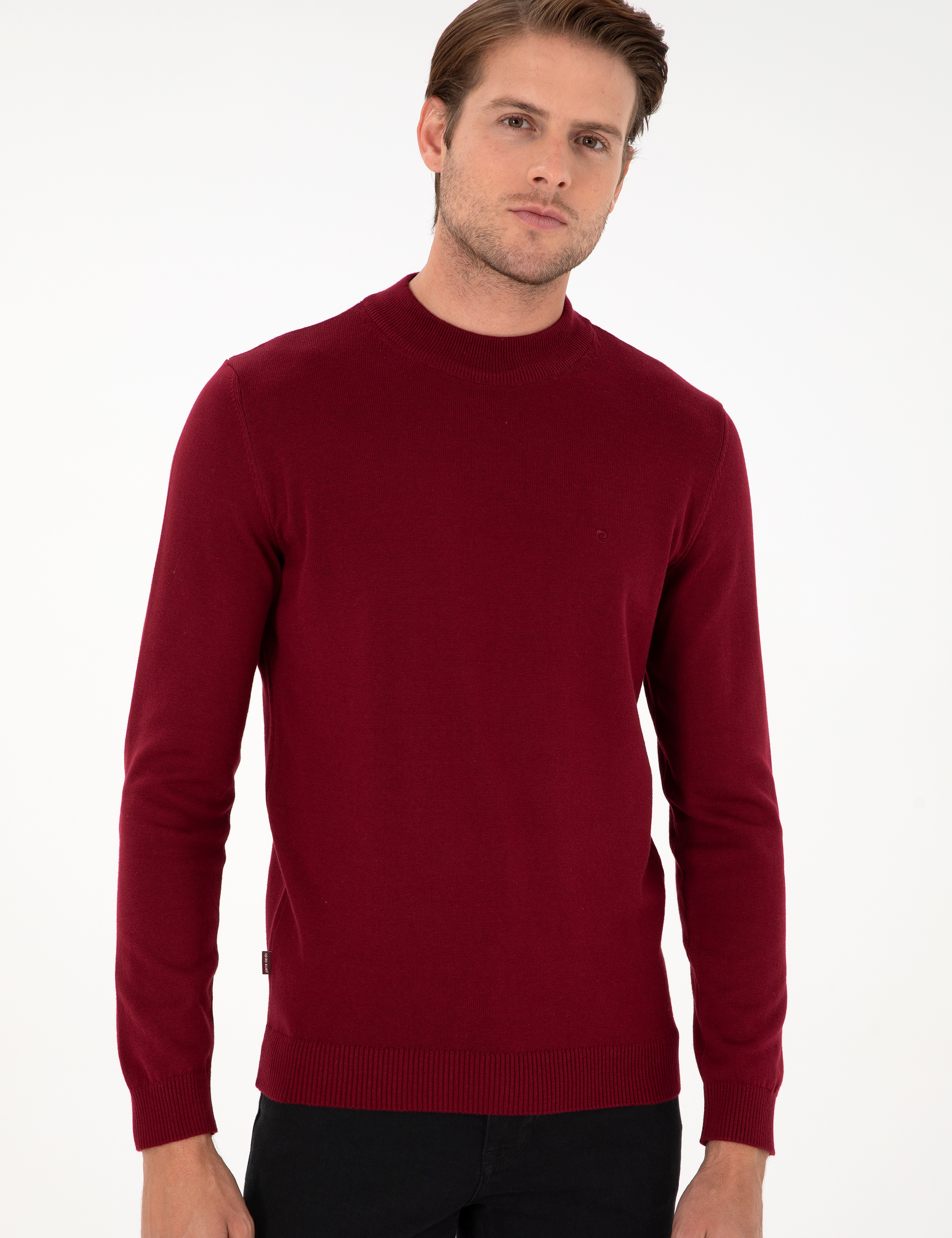 Vişne Slim Fit Çeyrek Yaka Basic Triko Kazak - Image 3