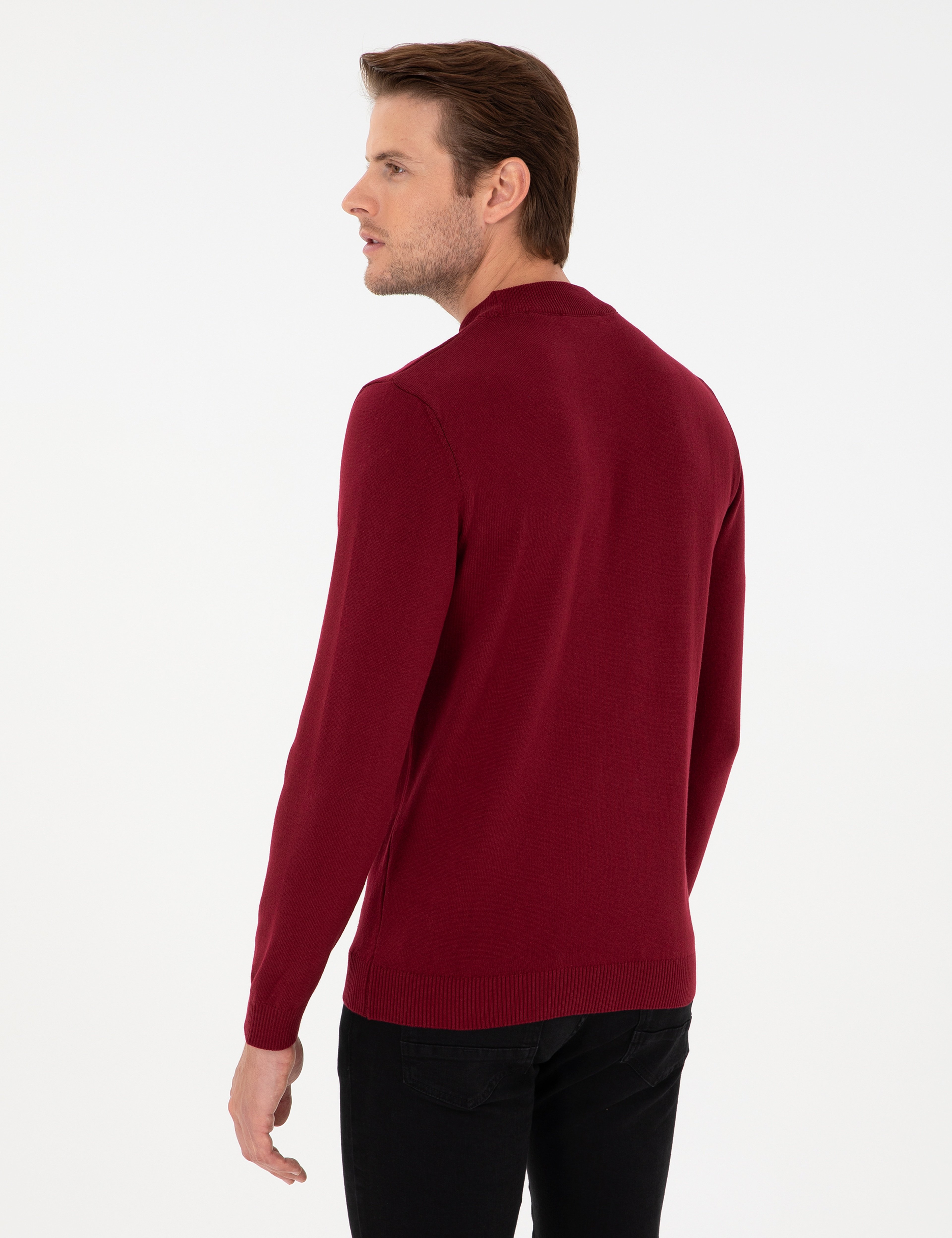 Vişne Slim Fit Çeyrek Yaka Basic Triko Kazak