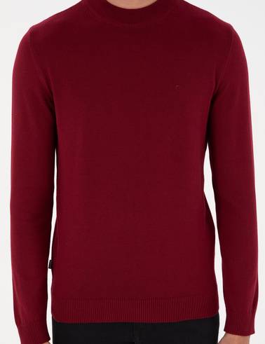 Vişne Slim Fit Çeyrek Yaka Basic Triko Kazak