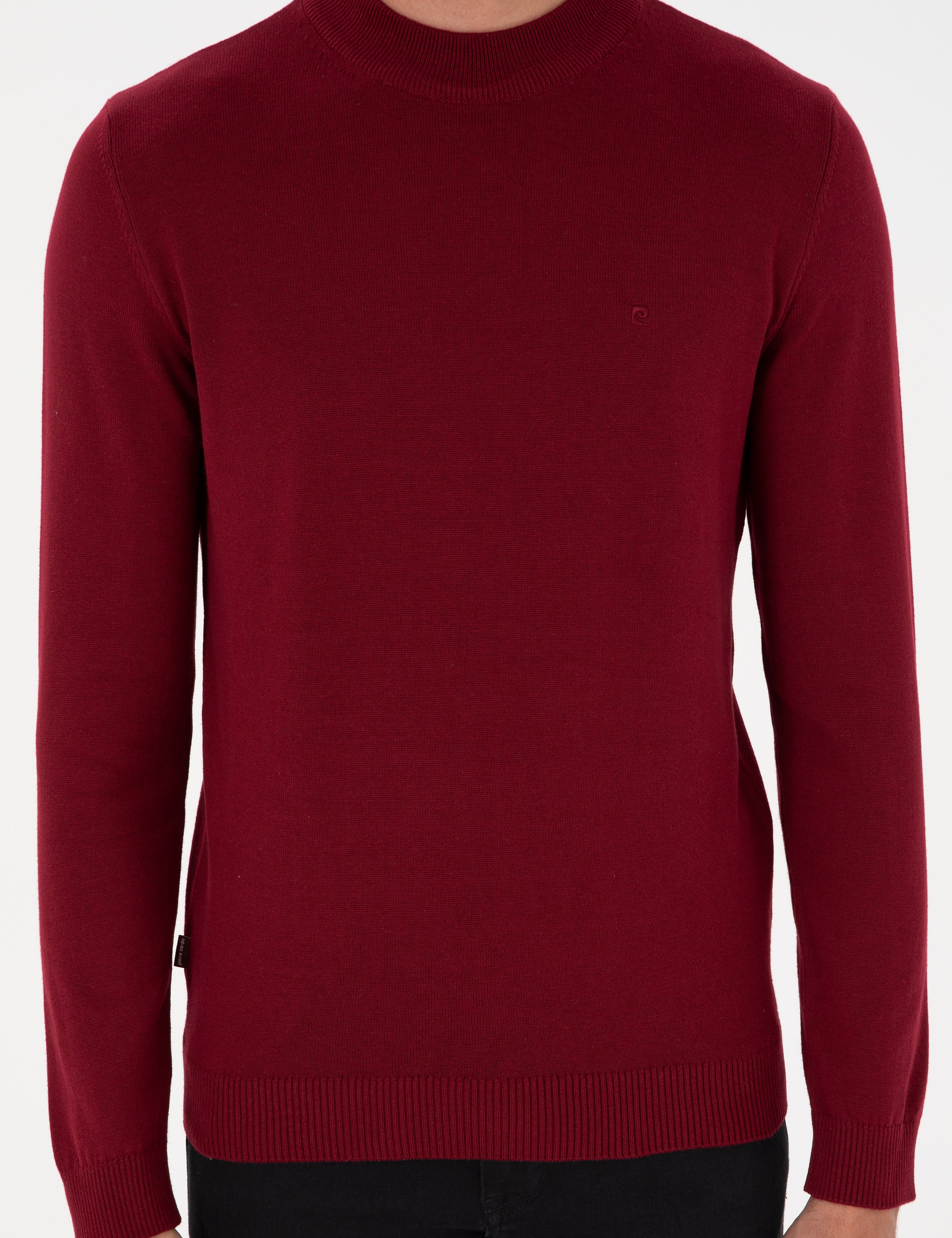 Vişne Slim Fit Çeyrek Yaka Basic Triko Kazak