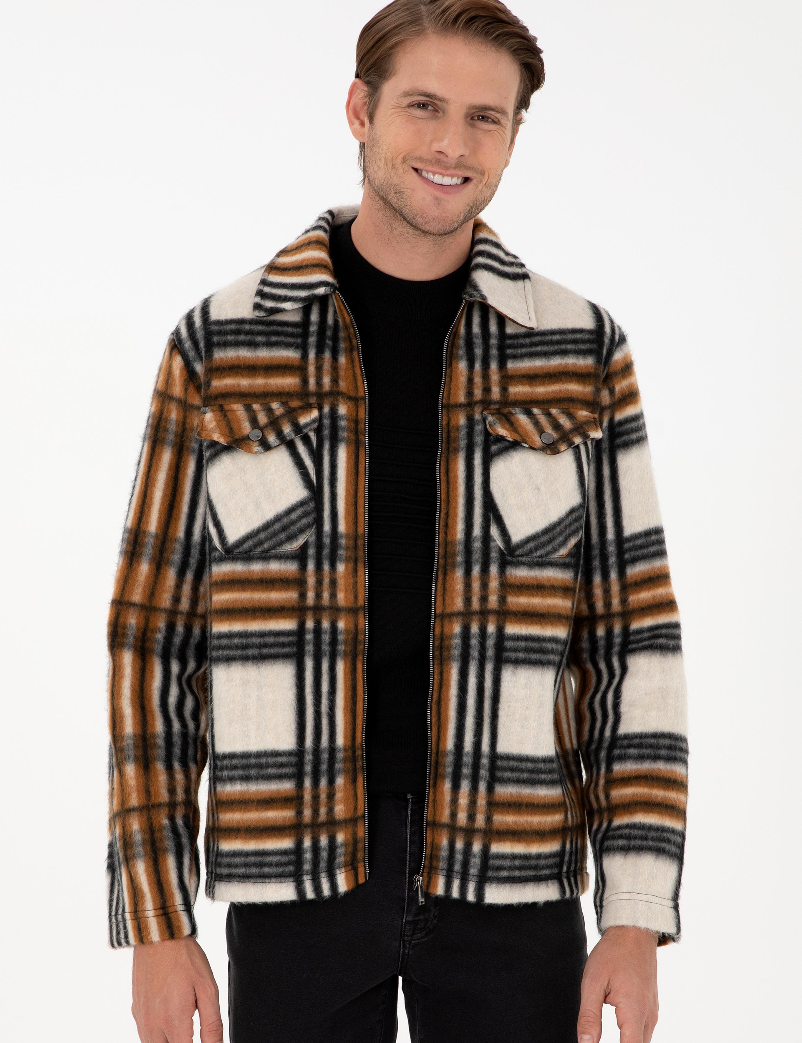 Kahverengi Klasik Yaka Çift Cepli Örme Gömlek Ceket