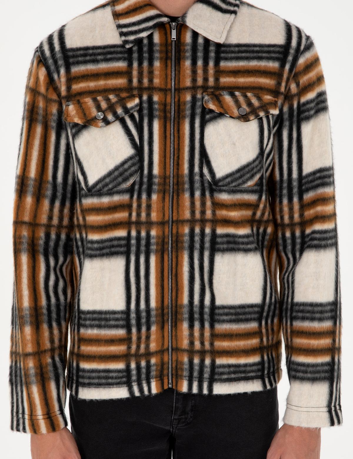 Kahverengi Klasik Yaka Çift Cepli Örme Gömlek Ceket - 50298601010