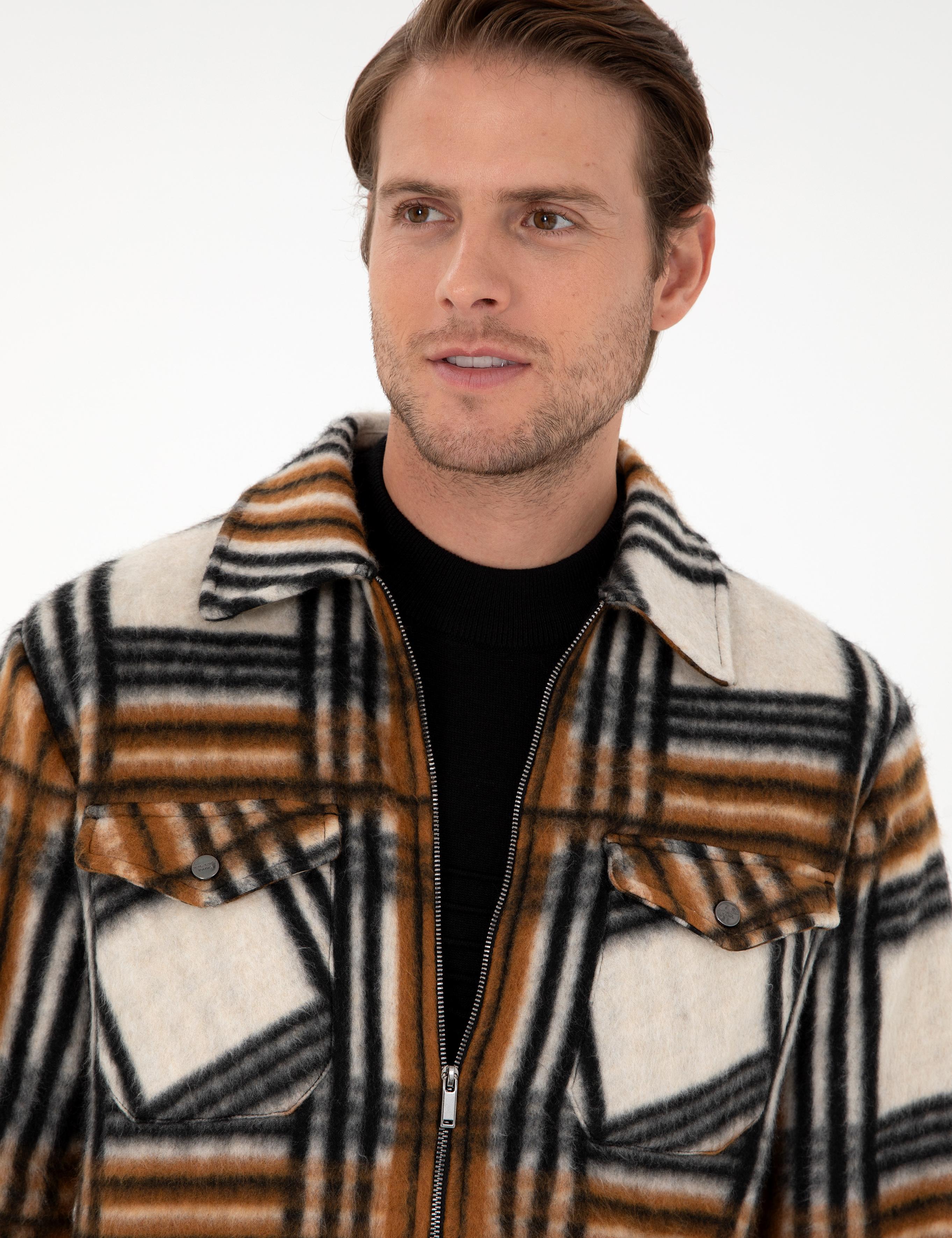 Kahverengi Klasik Yaka Çift Cepli Örme Gömlek Ceket