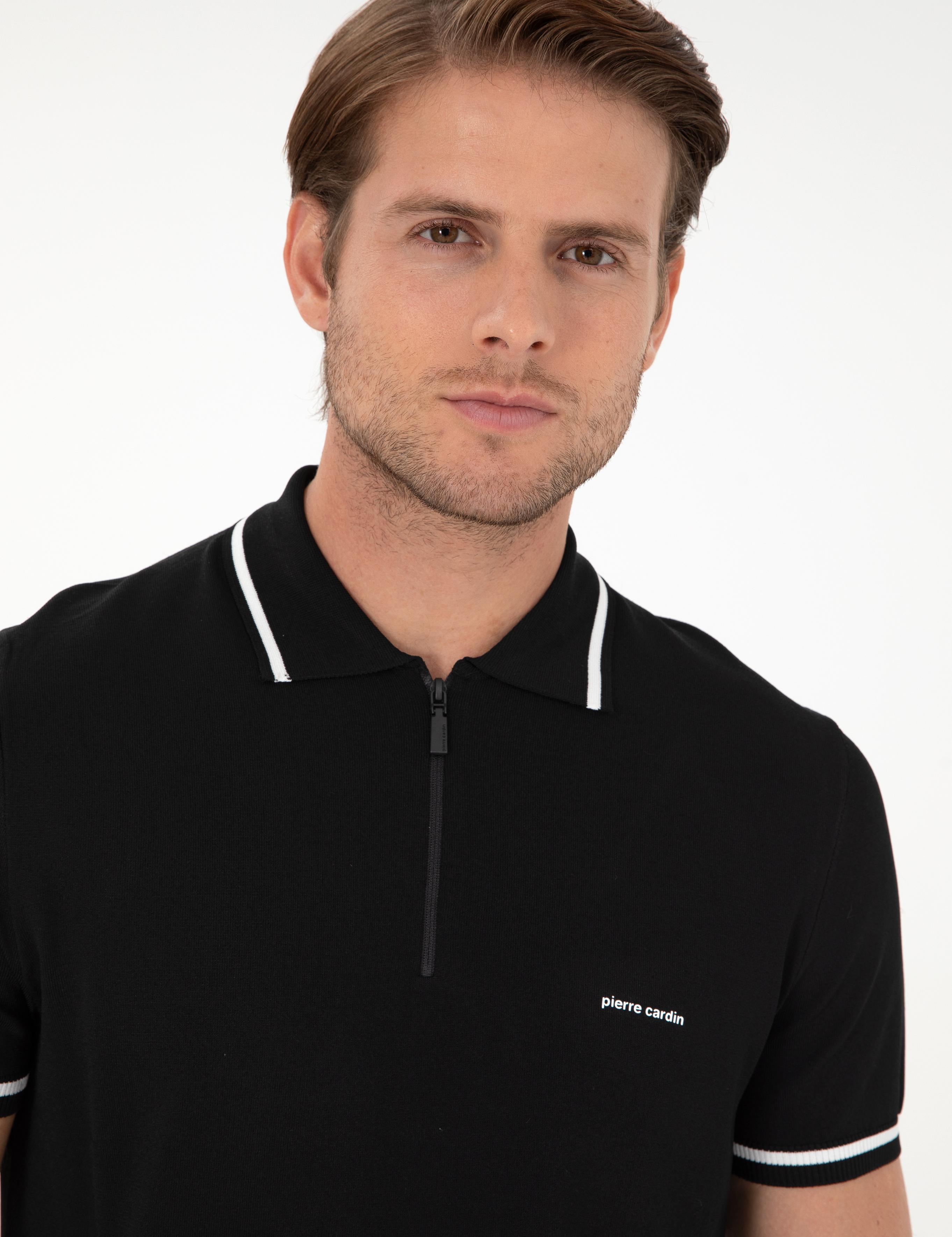 Siyah Slim Fit Fermuarlı Polo Yaka Yün Karışımlı Triko Tişört