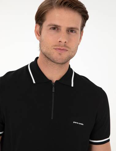 Siyah Slim Fit Fermuarlı Polo Yaka Yün Karışımlı Triko Tişört