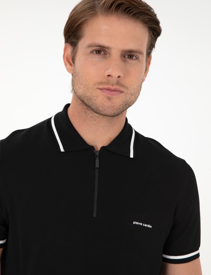 Siyah Slim Fit Fermuarlı Polo Yaka Yün Karışımlı Triko Tişört