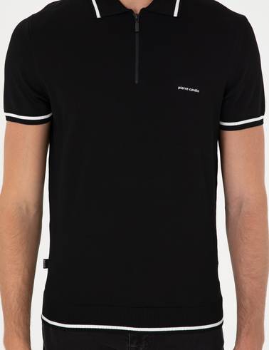 Siyah Slim Fit Fermuarlı Polo Yaka Yün Karışımlı Triko Tişört