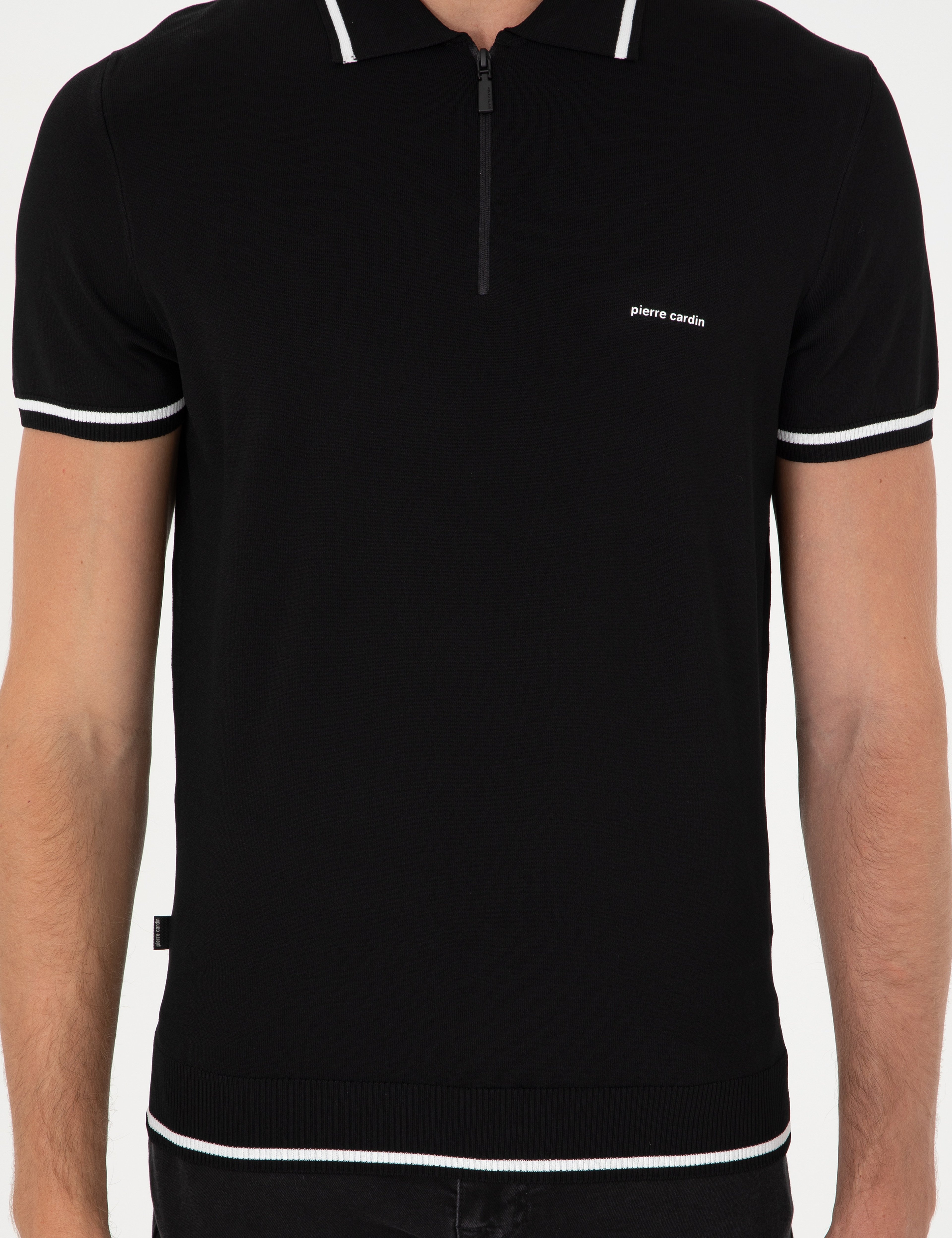 Siyah Slim Fit Fermuarlı Polo Yaka Yün Karışımlı Triko Tişört
