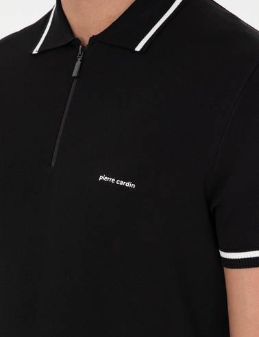 Siyah Slim Fit Fermuarlı Polo Yaka Yün Karışımlı Triko Tişört
