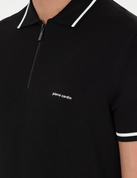 Siyah Slim Fit Fermuarlı Polo Yaka Yün Karışımlı Triko Tişört - 50296436018