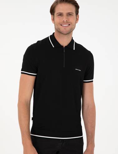 Siyah Slim Fit Fermuarlı Polo Yaka Yün Karışımlı Triko Tişört