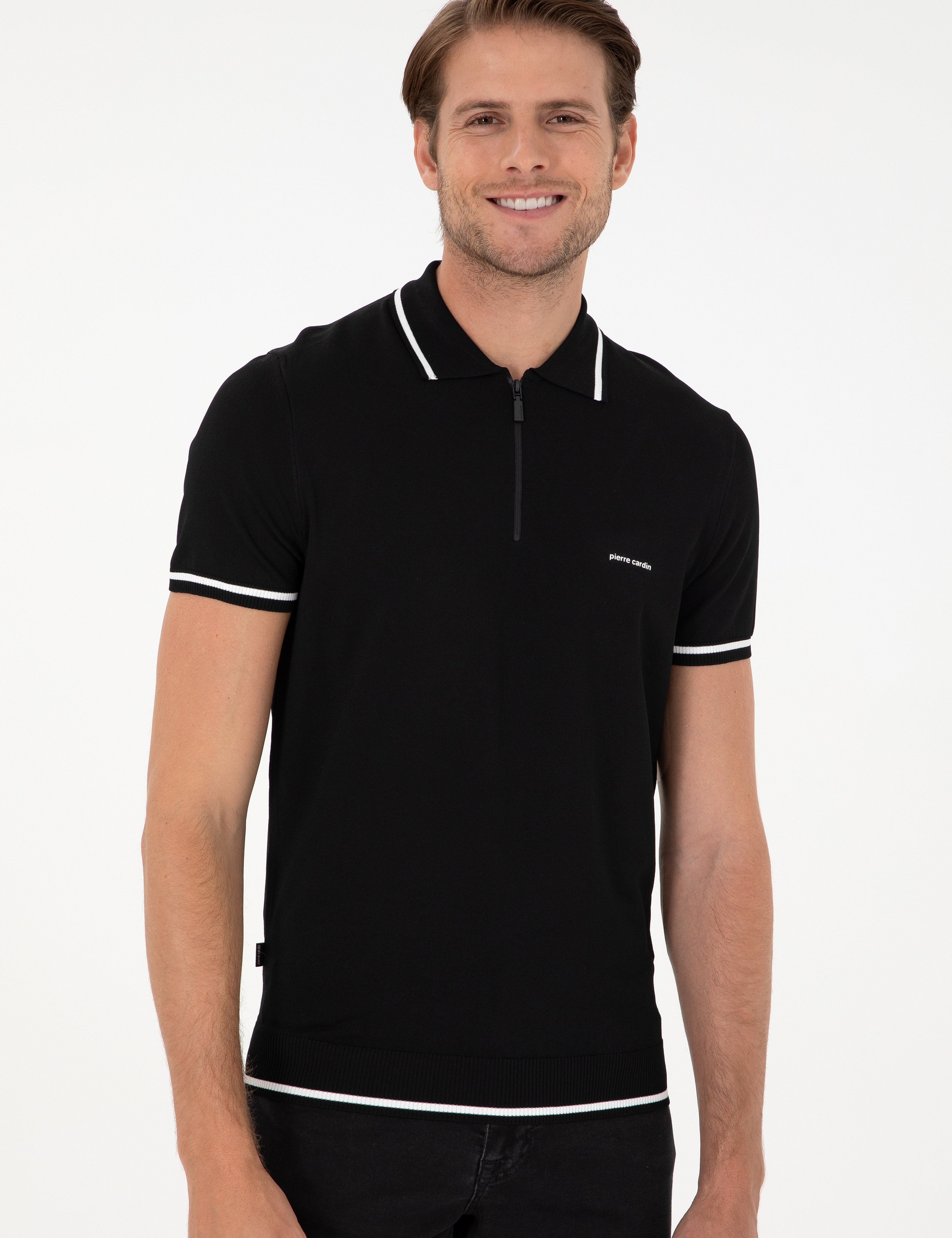 Siyah Slim Fit Fermuarlı Polo Yaka Yün Karışımlı Triko Tişört