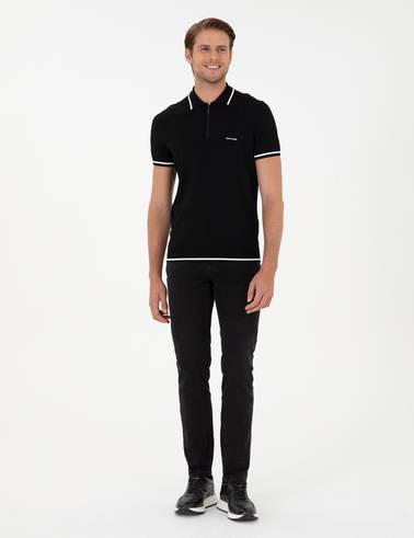Siyah Slim Fit Fermuarlı Polo Yaka Yün Karışımlı Triko Tişört