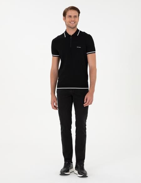 Siyah Slim Fit Fermuarlı Polo Yaka Yün Karışımlı Triko Tişört - 50296436018