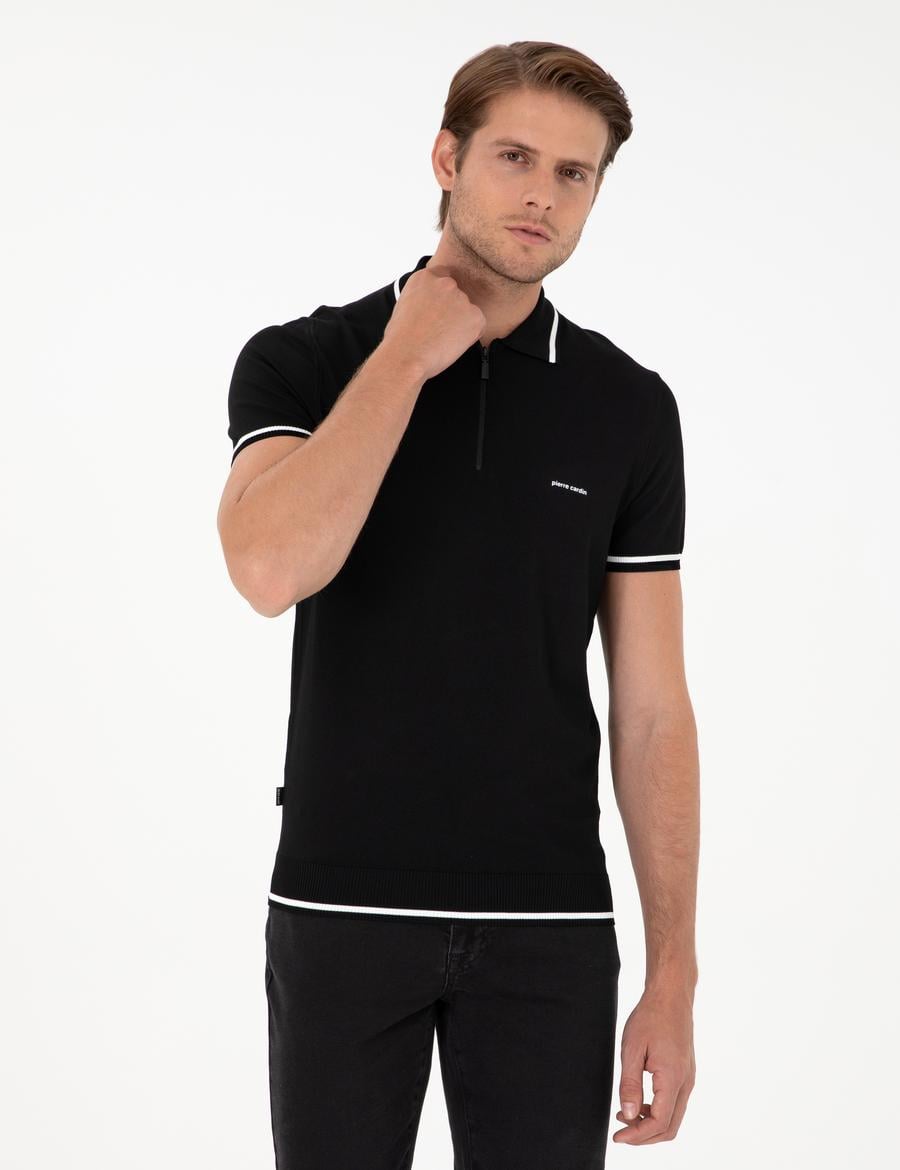 Siyah Slim Fit Fermuarlı Polo Yaka Yün Karışımlı Triko Tişört