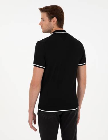 Siyah Slim Fit Fermuarlı Polo Yaka Yün Karışımlı Triko Tişört