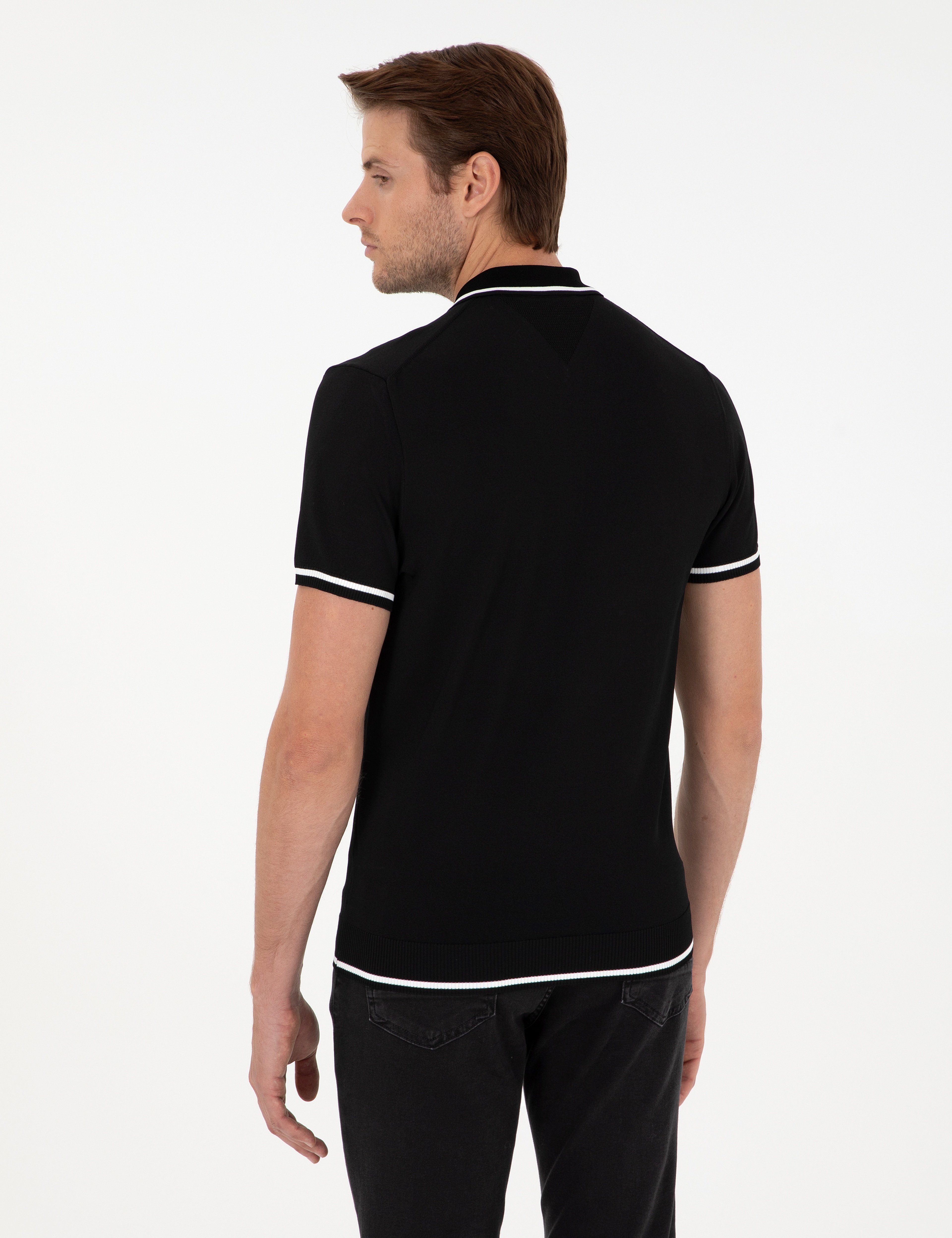 Siyah Slim Fit Fermuarlı Polo Yaka Yün Karışımlı Triko Tişört