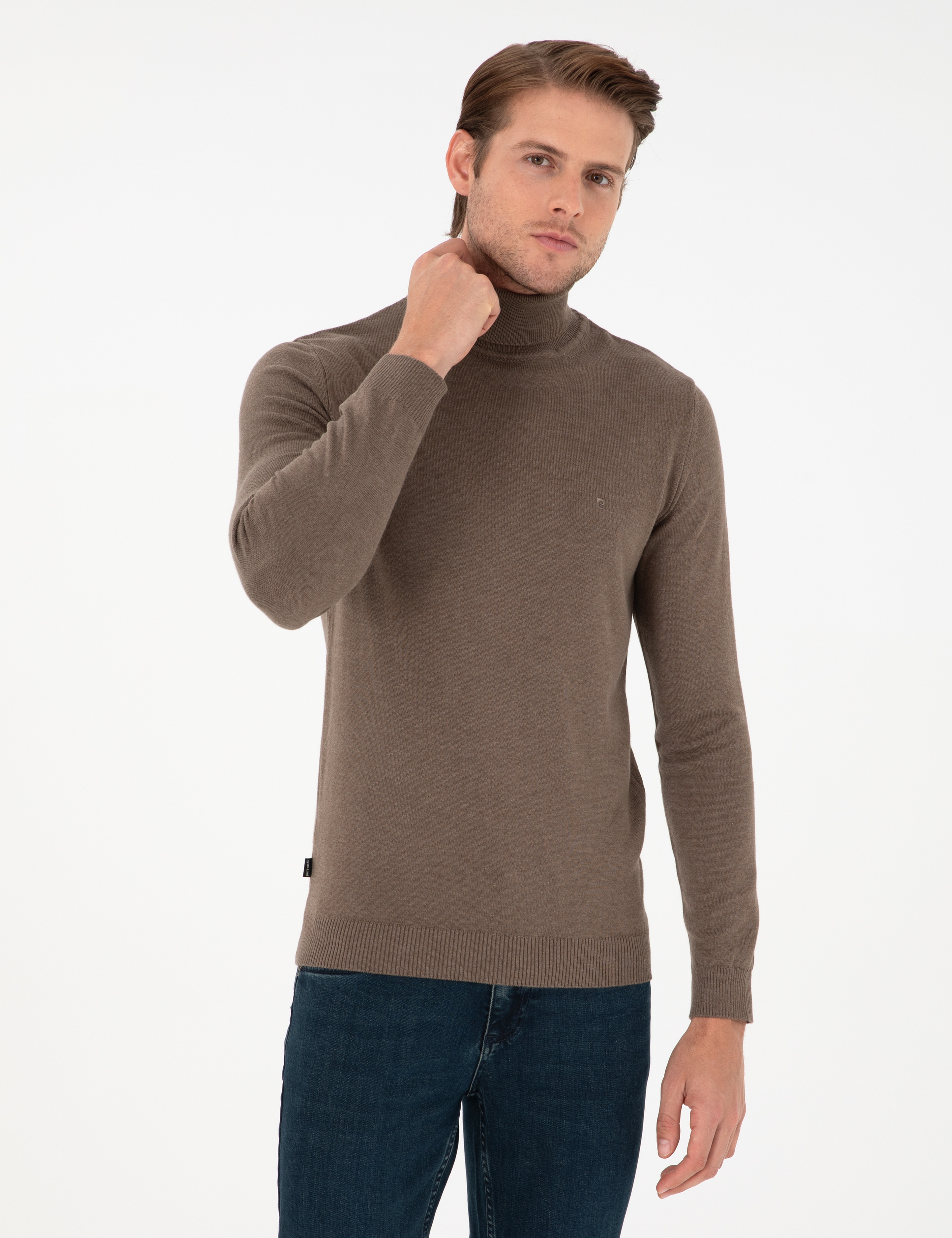 Vizon Melanj Slim Fit Balıkçı Yaka Basic Triko Kazak - Image 1