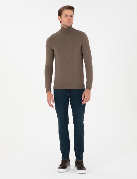 Vizon Melanj Slim Fit Balıkçı Yaka Basic Triko Kazak - 50296582047