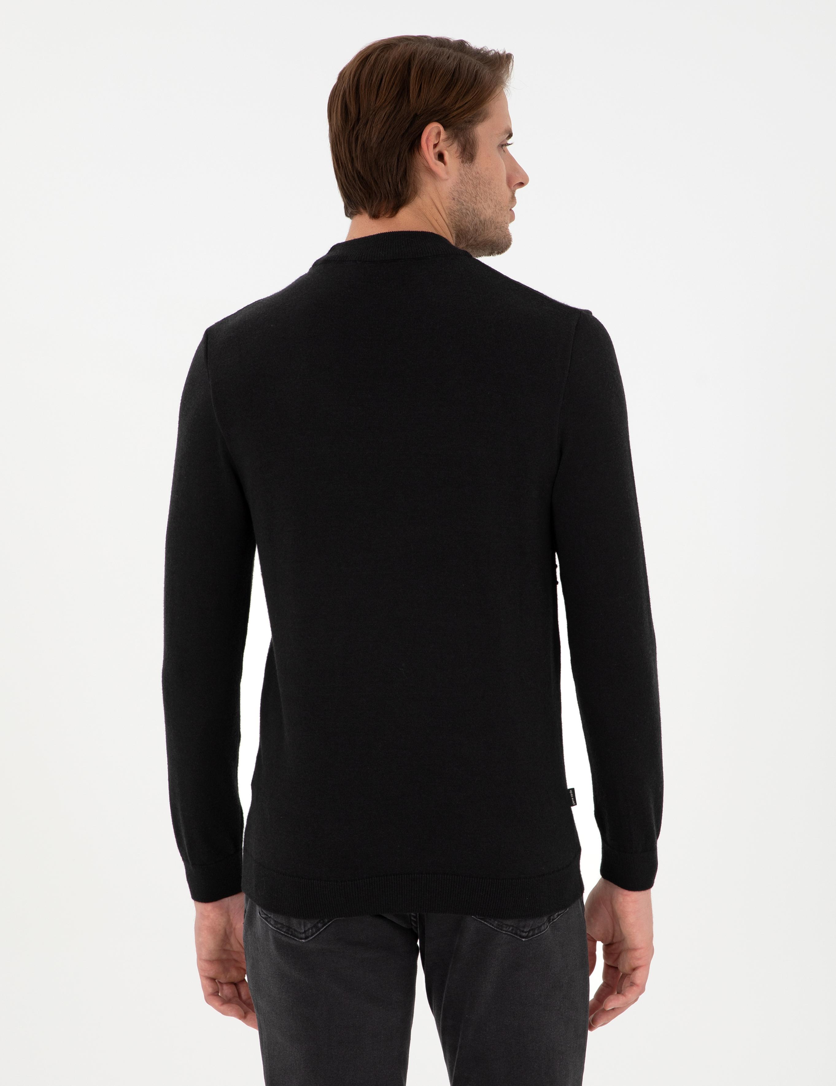 Siyah Slim Fit Çeyrek Yaka Yün Karışımlı Triko Kazak