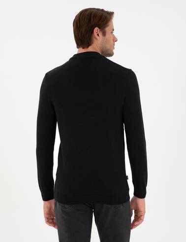 Siyah Slim Fit Çeyrek Yaka Yün Karışımlı Triko Kazak
