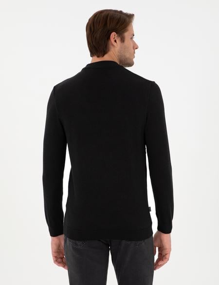 Siyah Slim Fit Çeyrek Yaka Yün Karışımlı Triko Kazak - 50296438018