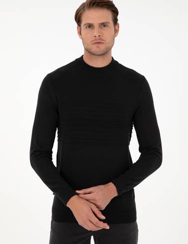 Siyah Slim Fit Çeyrek Yaka Yün Karışımlı Triko Kazak