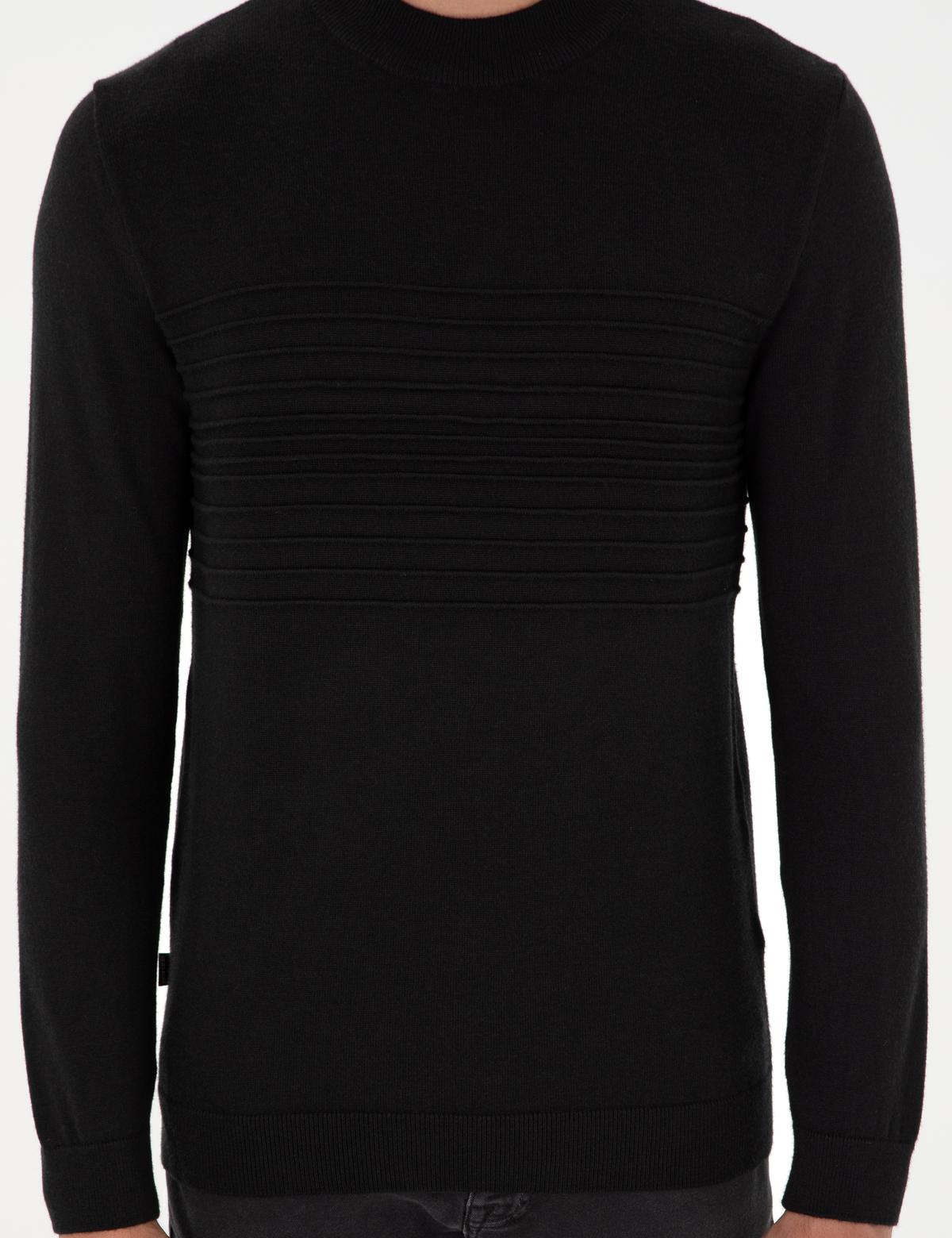 Siyah Slim Fit Çeyrek Yaka Yün Karışımlı Triko Kazak - 50296438018