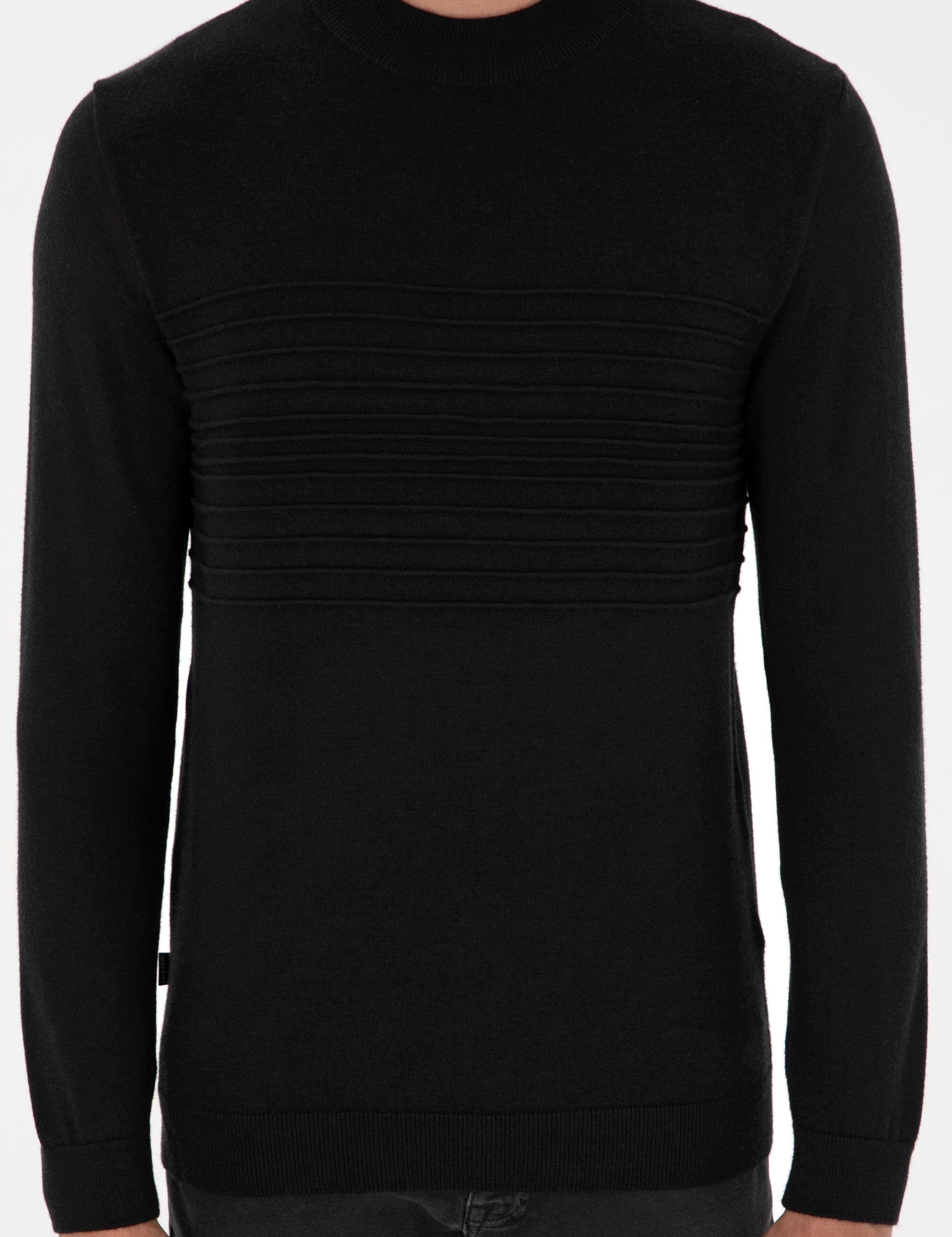 Siyah Slim Fit Çeyrek Yaka Yün Karışımlı Triko Kazak