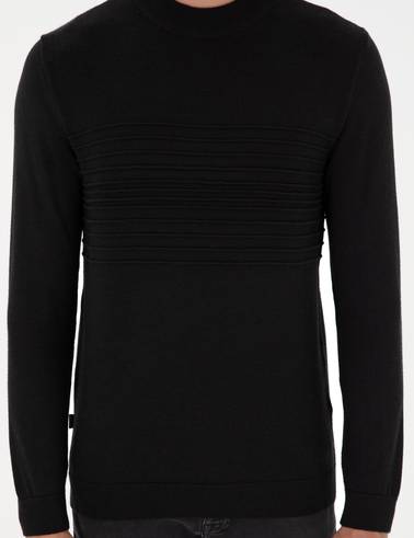 Siyah Slim Fit Çeyrek Yaka Yün Karışımlı Triko Kazak