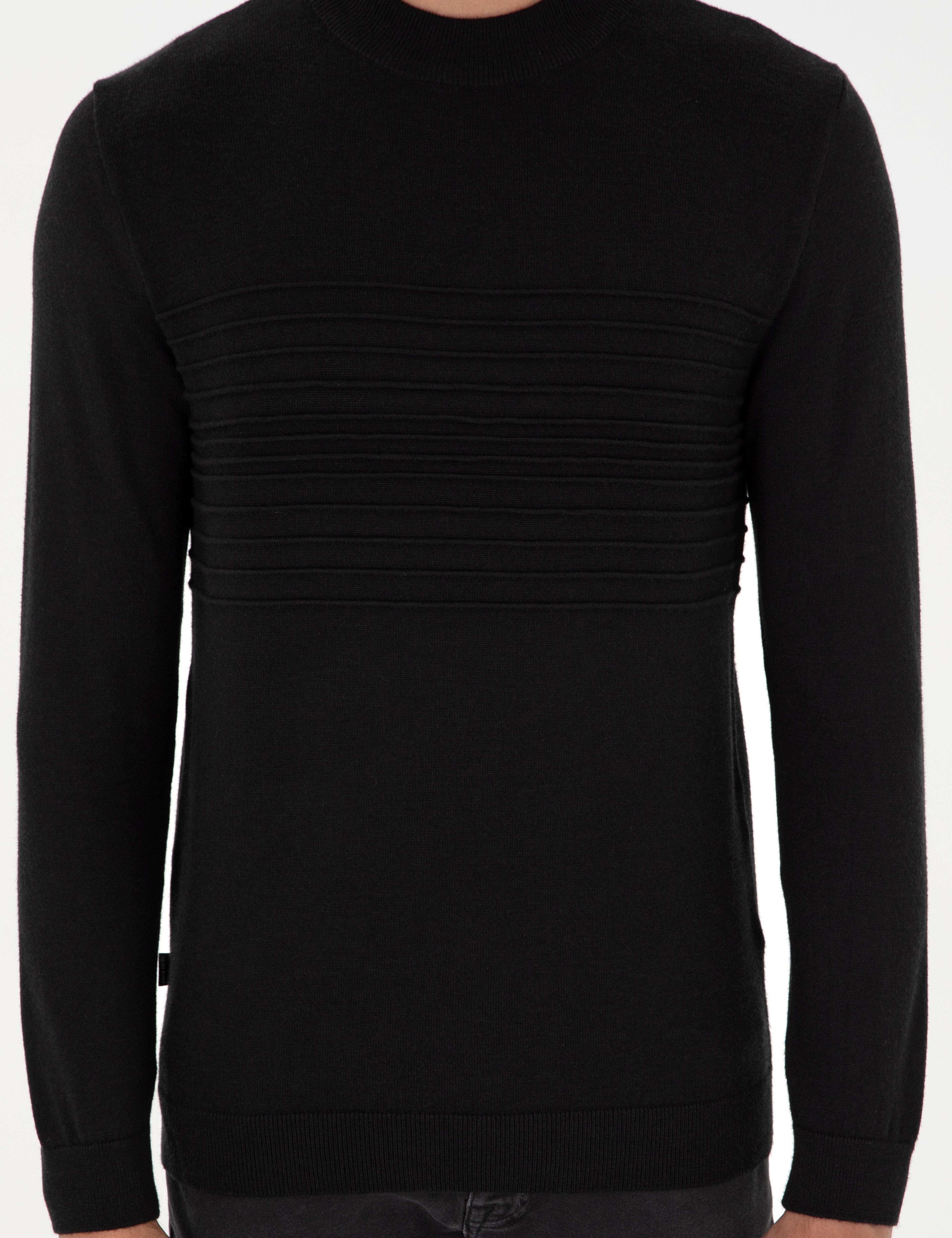 Siyah Slim Fit Çeyrek Yaka Yün Karışımlı Triko Kazak - Image 6
