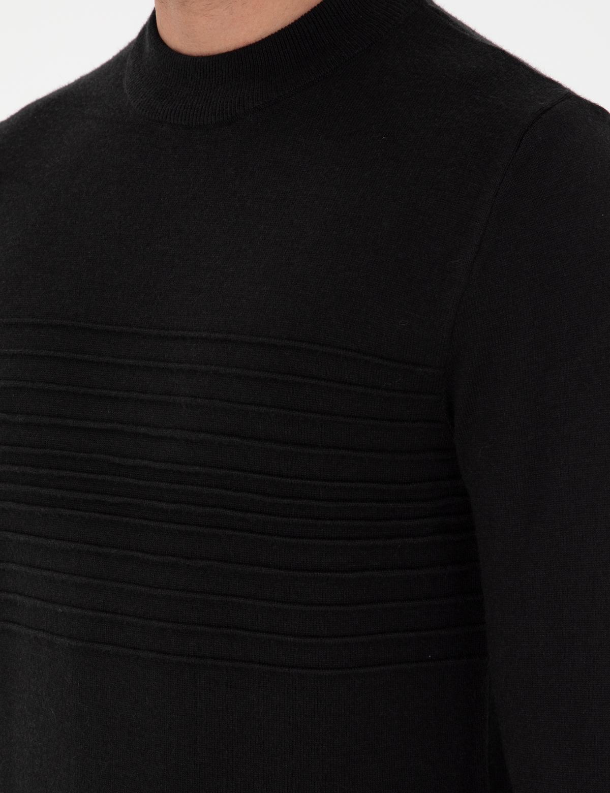 Siyah Slim Fit Çeyrek Yaka Yün Karışımlı Triko Kazak - 50296438018